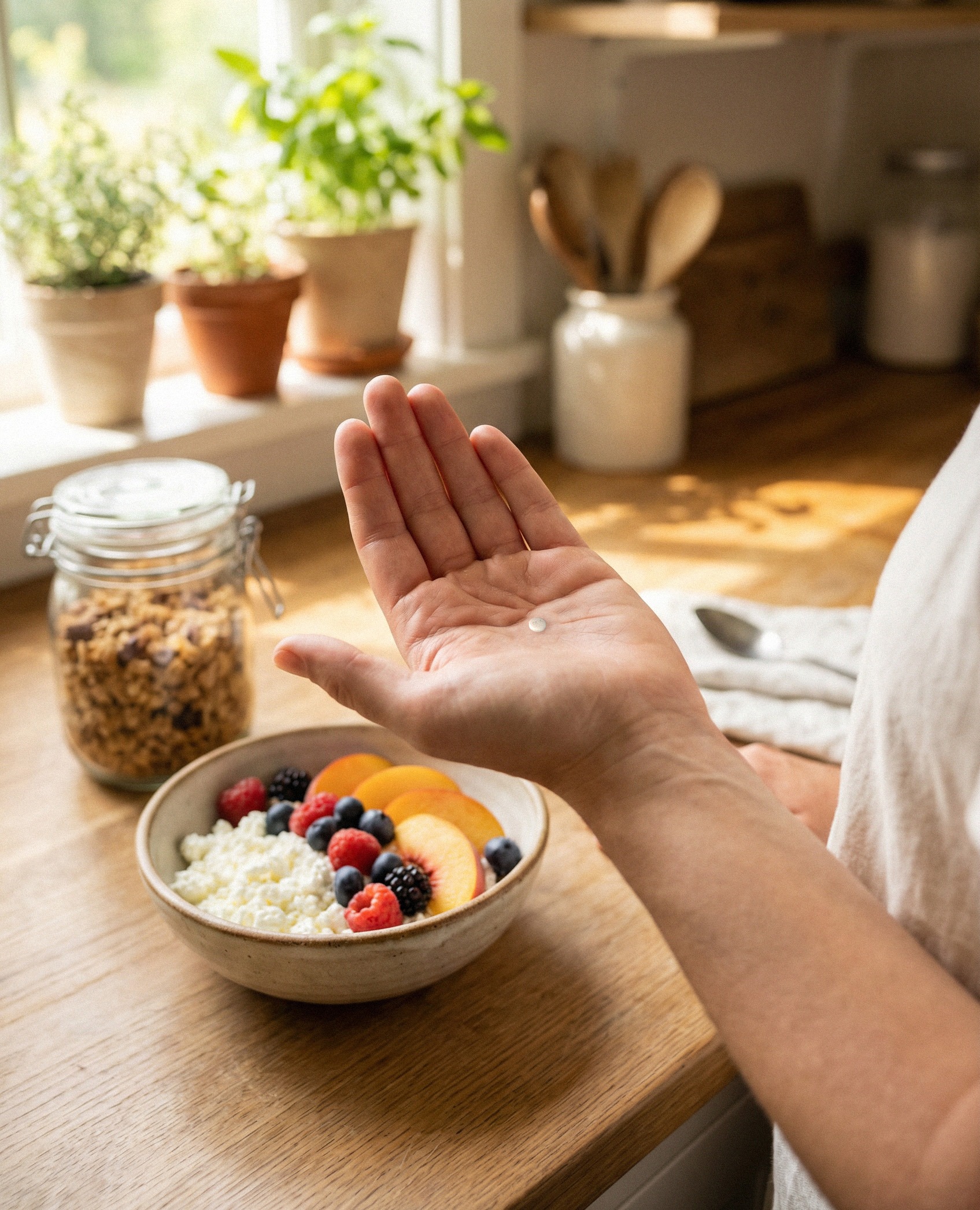 Person holding a GLP-1 pill in their palm with a healthy breakfast