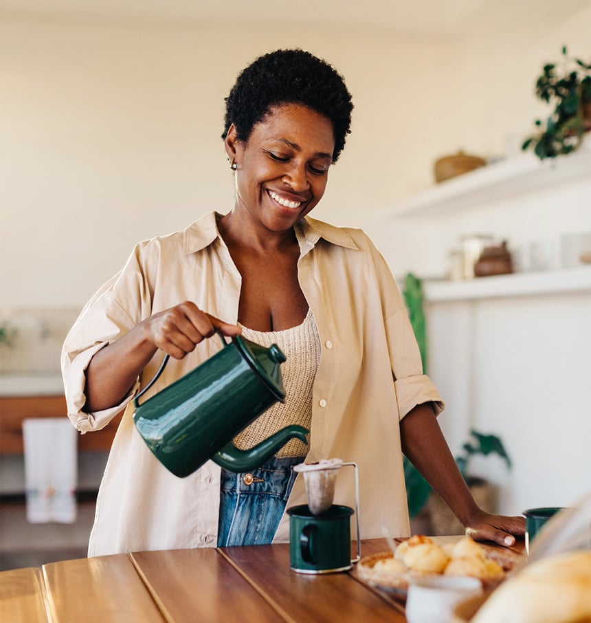 Helen drinking tea and food