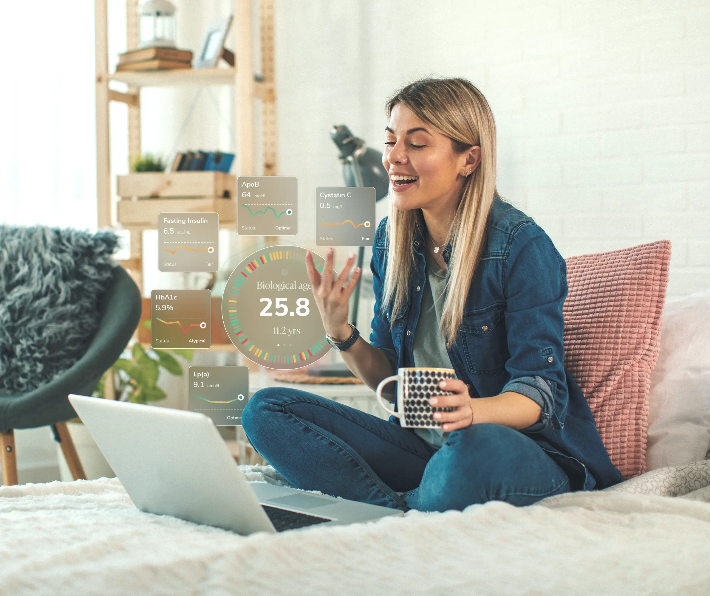 Thrive-healthspan-woman on computer with UI around her